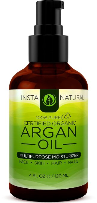 InstaNatural Organic Argan Oil - For Hair Face Skin and Body - Best 100 Pure and Certified Organic Cold Pressed Moroccan Argan Oil - For Acne Nails Dry Scalp Split Ends Stretch Marks and More - 4 OZ