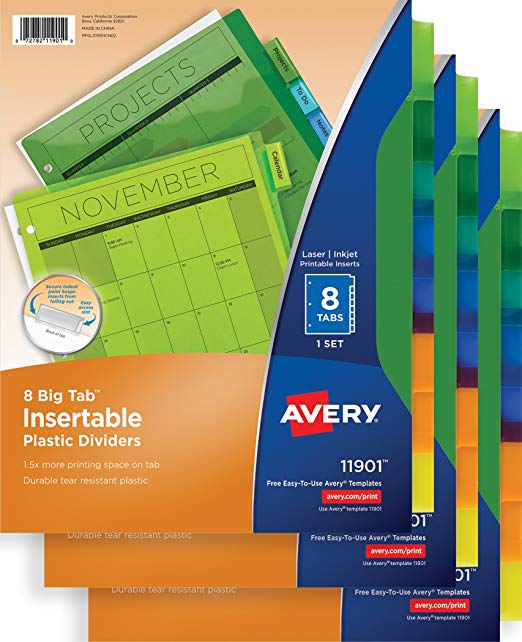 Avery Big Tab Insertable Plastic Dividers, 8-Tab Set, Multicolor, Multi Pack of 3 Sets (11901)