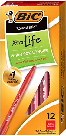 BIC Round Stic Xtra Life Ballpoint Pen, Medium Point (1.0mm), Red, 12-Count