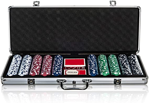 WICKED GIZMOS Professional 500 Piece Poker Set with Cushioned Aluminium Carry Case Holder - Complete with 2 Card Decks, 5 Red Dice and 11.5g Official Casino Grade Chips