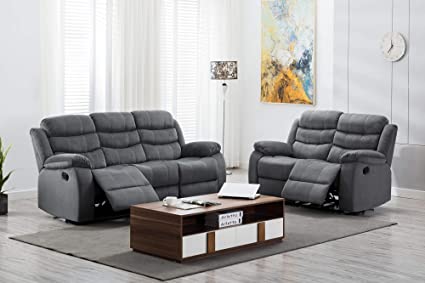 Kingway Modern Fabric 3pcs Reclining Set for Living Rooms Upholstered Manual Motion Couches Sofas, 3 2 SEAT, Gray