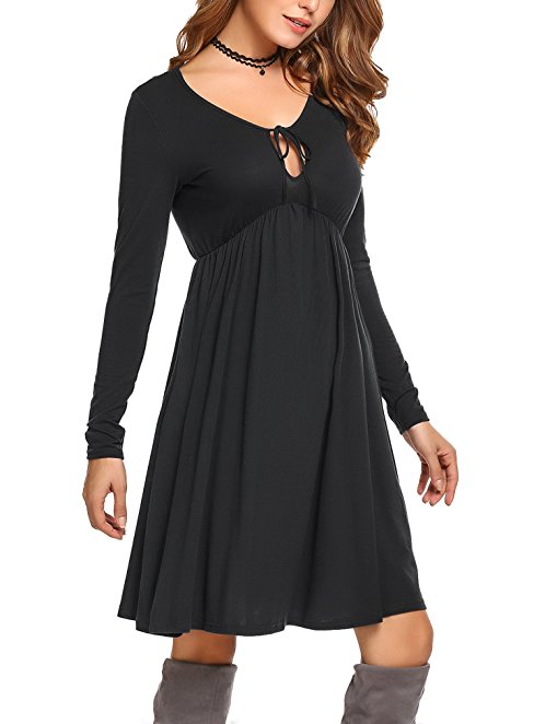 Beyove Women's Long Sleeve Tie-Neck Pleated Casual Loose Swing Tunic Dress