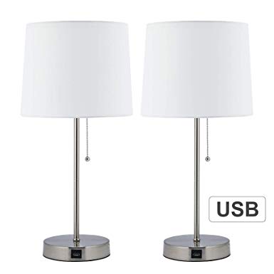 CO-Z White Table Lamp with USB Charger Set of 2, Modern Metal Desk Lamp in Brushed Nickel Finish, 21 inches in Height, USB Beside Lamps for Office Bedroom Nightstand Accent, UL Certificate.