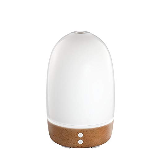 Ellia, Thrive Ultrasonic Essential Oil Diffuser (White), High Gloss Ceramic & Wood, 6hrs Continuous & 12hrs Intermittent Runtime, Color-Changing Light, 3 Essential Oil Samples
