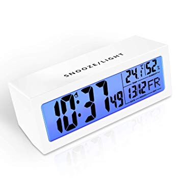 Matone Digital Alarm Clock with Touch-Activated Snooze, Adjustable Alarm Volume, Humidity & Temperature Detect, Night Light, 5.3’’ LCD Screen, Simple Battery Operated Digital Clock for Bedrooms