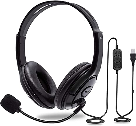DAISEN USB Computer Headset with Microphone, Comfort-fit Office Computer Headphone with On-Line Volume Control, Over-The-Head Headset for Webinar Laptop Call Center Students Online Study (USB Jack)