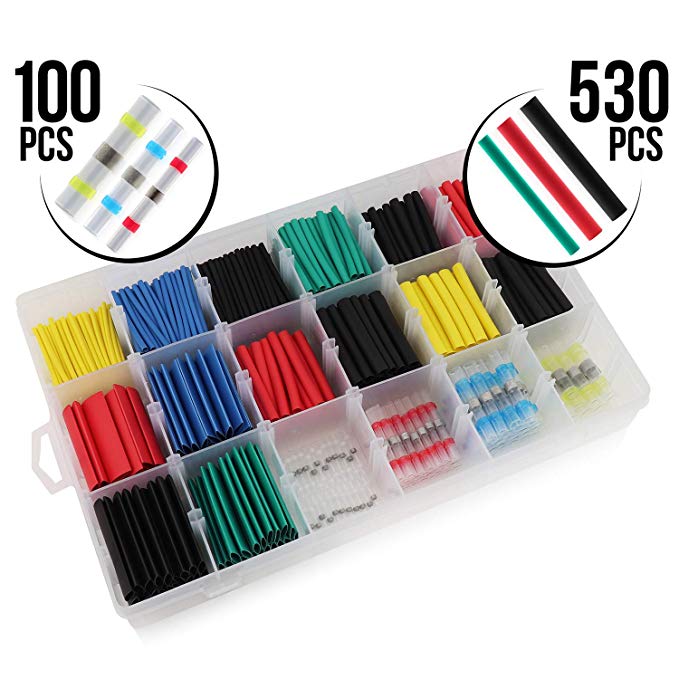 Exuby 100 Solder Seal Wire Connectors and 530 Heat Shrink Tubing Bundle Pack - Professional Grade with Easy Color Coordination & Organization Box - Quick & Easy Waterproof Soldering with NO Crimping