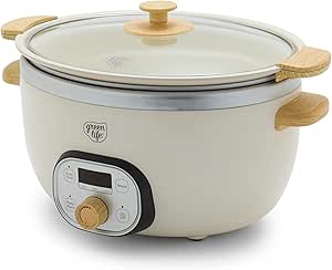 GreenLife 6 Quart Ceramic Slow Cooker, Non-Toxic PFAS and PFOA-Free, Programmable, Removable Healthy Nonstick Pot, Sear on Stovetop, Keep Warm, Digital Timer, Dishwasher Safe Glass Lid & Crock, Cream