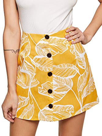 Romwe Women's Jungle Leaf Graphic Print Button up Short Shift Skirt