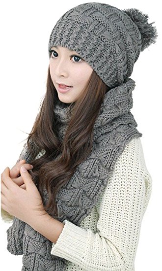 Womens Winter Knitted Scarf and Hat Set Thicken Skullcaps
