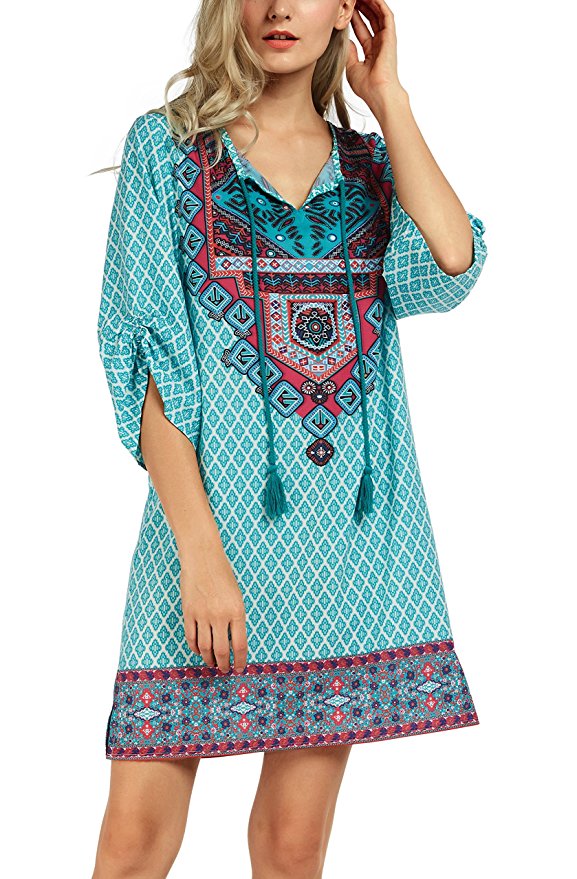 Women Bohemian Neck Tie Vintage Printed Ethnic Style Summer Shift Dress