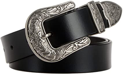 Women Leather Belts Ladies Vintage Western Design Black Waist Belt for Pants Jeans Dresses