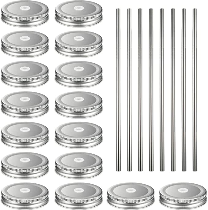 16 Pack Regular Mouth Lids with 8 Packs 18/8 Stainless Steel Straws Leak Proof Secure Glass Jar Lids Storage Solid Caps (Silver)