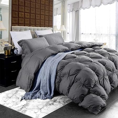 Luxurious Heavyweight Goose Down Feather Fiber Comforter, Exquisite Pinch Pleat Design, Oversize California King/Cal King 108 x 98, 100% Egyptian Cotton, 90 oz Fill Weight, Gray