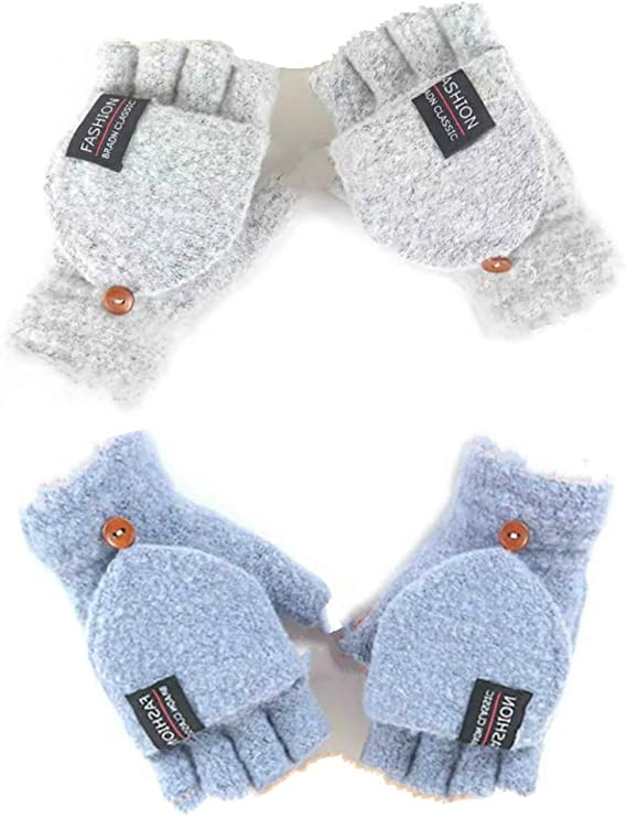 Women's & Men's USB Heated Gloves Knitting Hands Full & Half Heated Fingerless Heating Warmer with Button Washable Design, Mitten Winter Hands Warm Laptop Gloves [2 Pack] (Gray Blue)