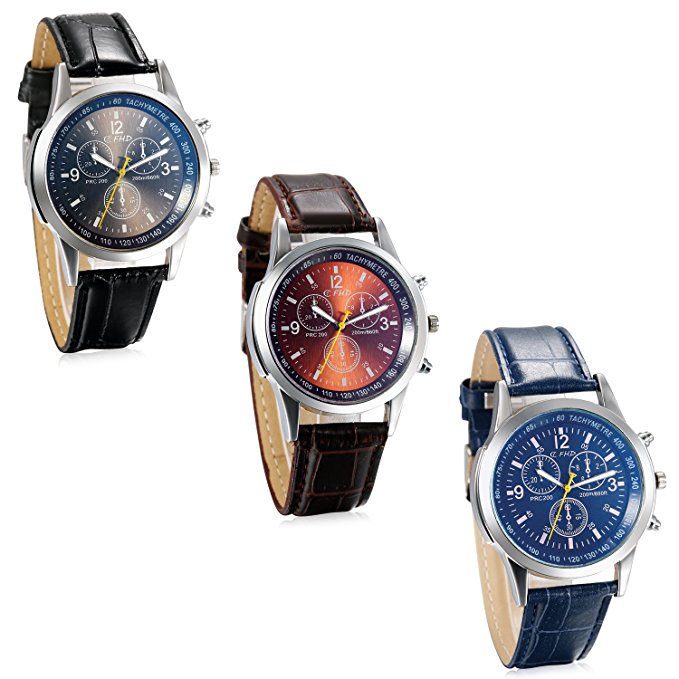 JewelryWe Lot of 3 Wholesale Business Casual Men's Quartz Wrist Watch Leather Strap Watches