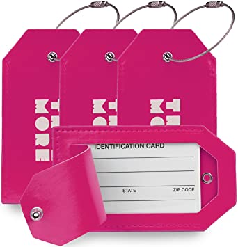 4 Pack TravelMore PU Leather Luggage Tags For Suitcases w/Privacy Cover - Travel ID Identifier Labels Set For Bags & Baggage - Men & Woman - Pink