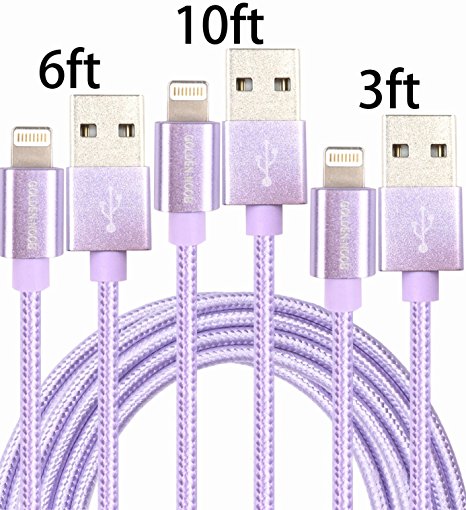 GOLDEN-NOOB 3Pack 3 6 10FT Nylon Braided Popular Lightning Cable 8Pin to USB Charging Cable Cord with Aluminum Heads for iPhone 6/6s/6 Plus/6s Plus/5/5c/5s/SE,iPad iPod Nano iPod Touch(Purple)