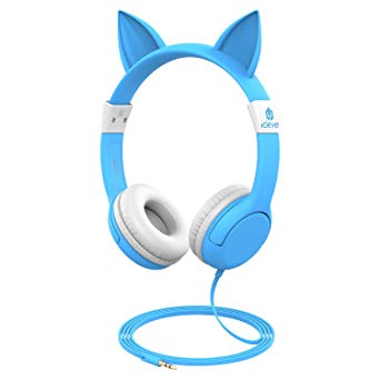 iClever Kids Headphones - Cat-inspired Wired On-ear Headphones for kids, 85dB Volume Control, Food Grade Silicone, Lightweight, Cat-inspired Design, 3.5mm Jack - Childrens Headphones, Blue