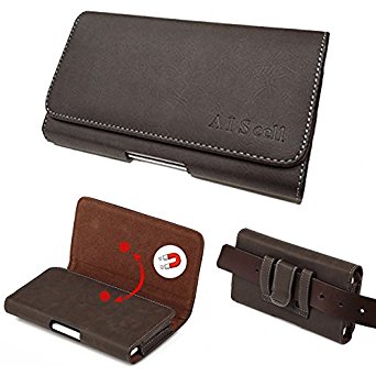 Samsung S9 / S8 / S7 / S6 ~Extra Large Premium Deluxe Brown Leather Texture Pouch Belt Loop Case Holster Fits Phone w/ Otterbox Defender/Lifeproof/Waterproof/Mophie Juice Pack/Thick Dual Layer Cover