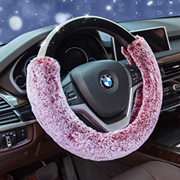 Didida Winter Warm Faux Wool and Bling Diamond Fluffy Fashion Steering Wheel Covers for Women/Girls/Ladies 15 Inch,Pink