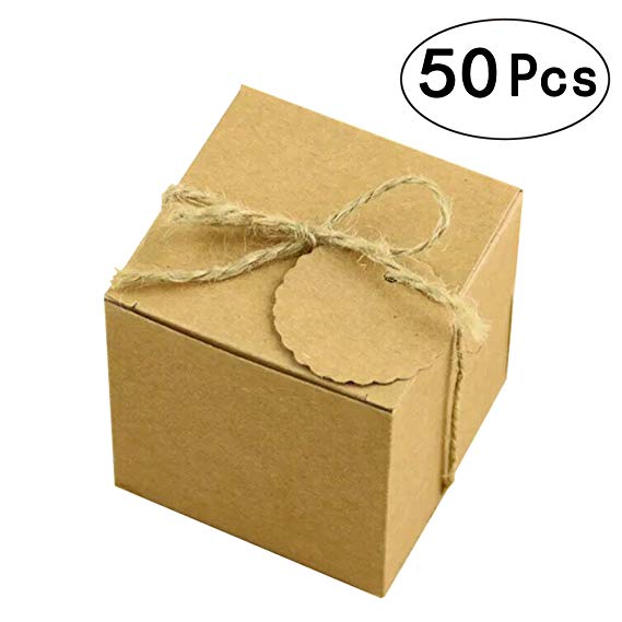 Kraft Paper Cube Favor Box Kit Candy Thank You Treat Rustic Gift Boxes Set with Twine for Wedding Favors Baby Shower Birthday Party Supplies, 50pc