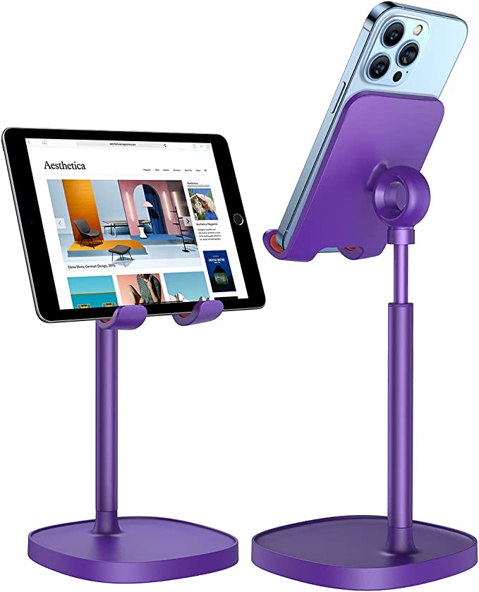 LISEN Purple Cell Phone Stand, Angle Height Adjustable Stable Cell Phone Stand for Desk, Sturdy Aluminum Metal Phone Holder Fits iPhone 14 Pro Max Samsung Kindle All 4''-10'' Devices etc