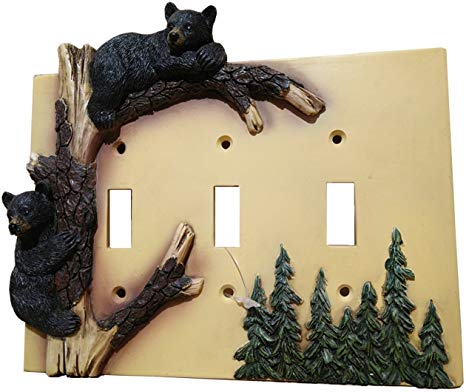 Black Bear Triple Switch Cover Home Decor - Wildlife Bear Climbing Tree Rustic Hunting with Wall Mounting Screws