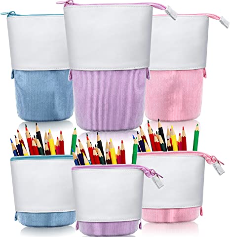 3 Pieces Telescopic Pencil Case Telescopic Standing Stationery Pencil Holder Canvas Dual-Use Pop-up Stand Pencil Bags with Zipper for School Office College (Pink, Blue, Purple)