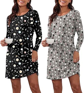 Ekouaer 2 Pack Long Sleeve Sleep Shirts for Women Soft Night Shirts Pullover Nightgowns Comfy Night Gowns Dress S-3XL