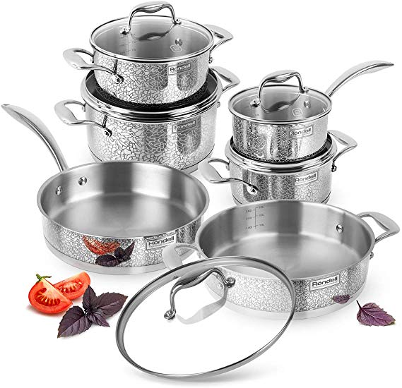 Rondell Vintage Stainless Steel Induction Cookware Kitchenware Set 11 Piece - Nonstick Cooking Casseroles, Pots, Frypan, Saucepan, Sautepan with Lids - Impact-Bonded Technology - FDA Approved