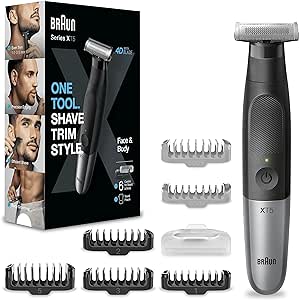 Braun Series X, Tondeuse Hybride Électrique Pour Hommes, Visage et Barbe , Avec 6 Peignes, Lame 4D Innovante, Rasoir Pour Le Corps, Skinshield, Sabot Bidirectionnel, Tête Flexible,