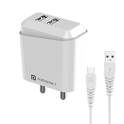 Portronics Adapto 42 C 2.4A Charger with Dual USB Port, 12W Max Output, Smart Protection Chip, 1M Type C Charging Cable(White)