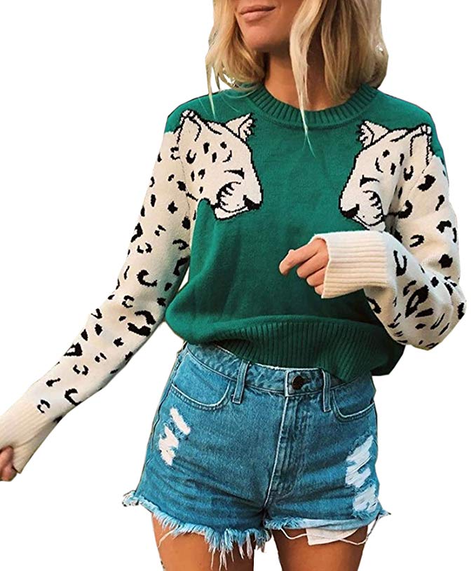 Angashion Women's Sweaters Casual Leopard Printed Patchwork Long Sleeves Knitted Pullover Cropped Sweater Tops