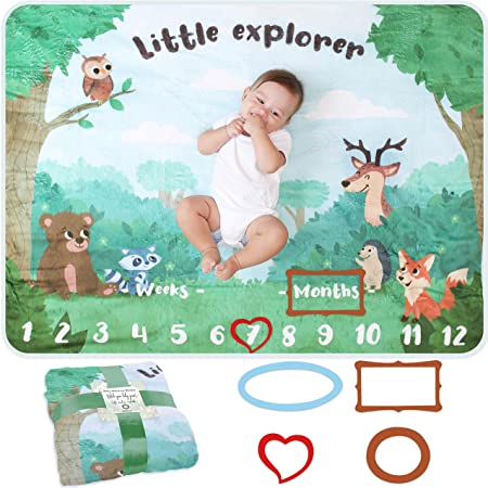 Baby Monthly Milestone Blanket | Newborn Photo Mat for Boy or Girl, Unisex | Personalized Shower Gifts | Woodland and Forest Theme | Soft and Thick | Monthly Picture Blanket | Track Age and Growth