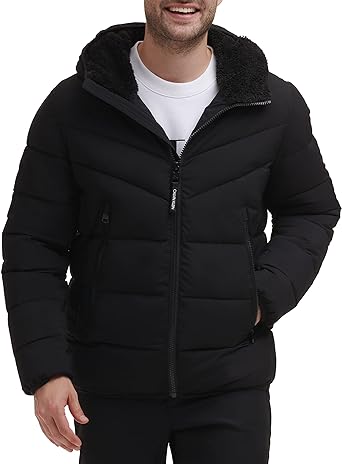 Calvin Klein mens Winter Coat - Puffer Stretch Jacket With Sherpa Hood