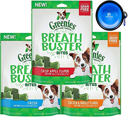 Greenies Dental Treats - Breath Buster Bites Variety 3 Pack Bundle- Natural Dog Treats for Bad Breath (Chicken, Apple & Mint Fresh Flavors) (16.5 Total Ounce Bags) W/YowPets Collapsible Travel Bowl