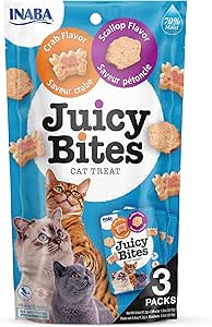 Juicy Bites by INABA Cat Treat - Crab & Scallop Flavour (3 x 11.3g) / Soft & Moist Cat Treat, Delicious & Healthy Snack for Cats, Hand Feeding Nibbles, Bite Sized Snack, Natural, Grain Free