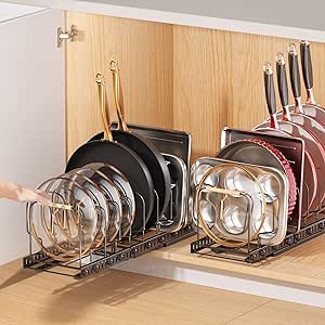 Pots and Pans Organizer under Cabinet, 2 Pack Pull out Pan Organizers inside Cabinet for Kitchen Cabinet Organizers and Storage with Adjustable Dividers and Handled Divider