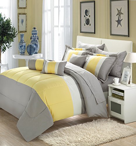 Chic Home Serenity 10 Piece Comforter Set Complete Bed in a Bag Stripe Pattern Bedding with Sheet Set And Decorative Pillows Shams Included, Queen Grey Yellow