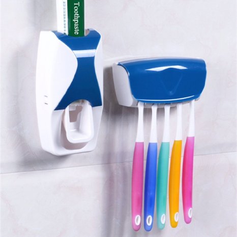 Toothpaste Dispenser Automatic - Toothpaste Squeezer - Toothbrush Holder (Blue)