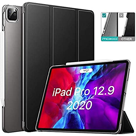 MoKo Case Fit iPad Pro 12.9 4th Generation 2020 & 2018 [Support Apple Pencil Charging] Slim Lightweight Translucent Frosted Back Shell Protective Smart Cover Case - Black(Auto Wake/Sleep)