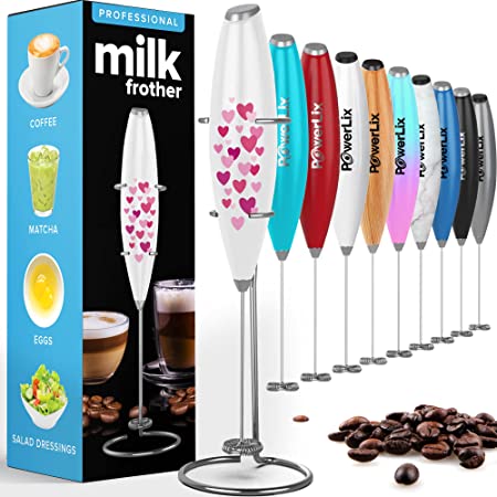 PowerLix Milk Frother Handheld Battery Operated Electric Whisk Foam Maker for Coffee, Latte, Cappuccino, Hot Chocolate, Durable Mini Drink Mixer with Stainless Steel Stand Included (Hearts)