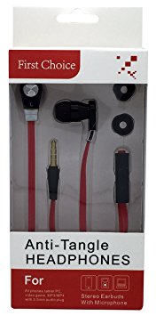 First Choice Anti- Tangle In-Ear Headphones with Microphone Flat Cable, Black/Red