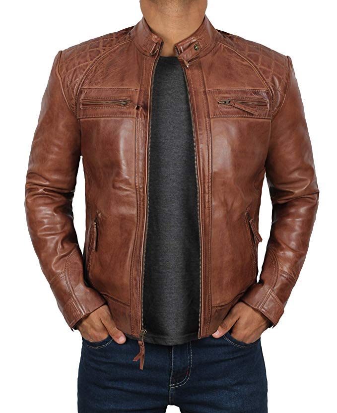 Brown Leather Jacket Men - Biker Style Distressed Lambskin Black Motorcycle Mens Leather Jacket