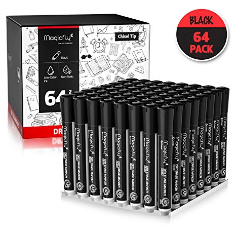 Magicfly Dry Erase Markers Bulk with Chisel Tip, Pack of 64, Low-Oder Ink Black Colored Dry Erase Markers, Whiteboard Pen for School, Office, Home, Art Supplies