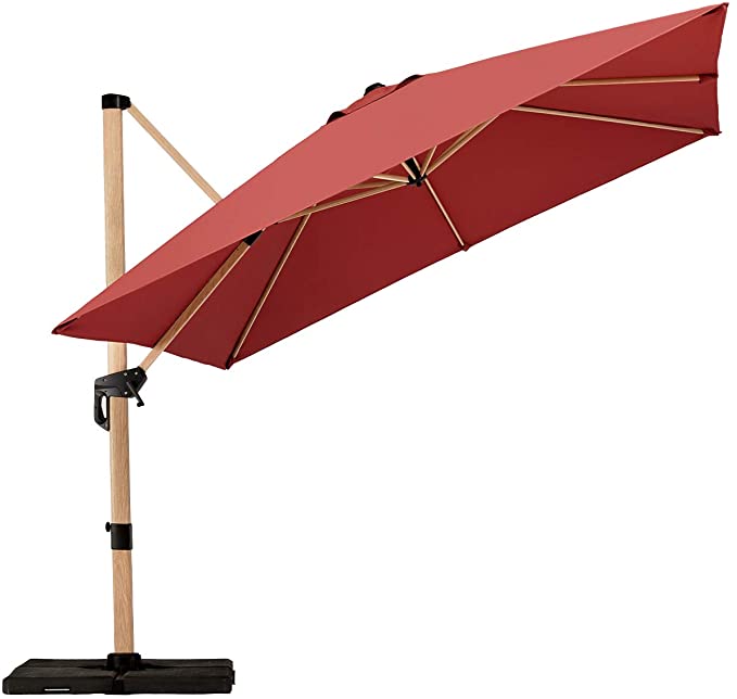 PAPAJET 10 Feet Offset Cantilever Patio Umbrella Square Deluxe Aluminum Wood Pattern Outdoor Hanging Umbrella with Cross Base, 360° Rotated, Easy Tilt Garden Umbrella (Red)