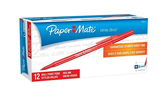 Paper Mate Write Bros Ballpoint Pens, Medium Point, Red, 12-Count