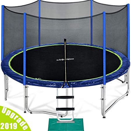 Zupapa 2019 New 10 12 14 15 FT Trampoline TUV (GS) Approved, Jumping Mat No-gap Design, with Ladder, Pole and Enclosure net, Safety Pad, Wind stakes, Cover, Spring Pull Tool