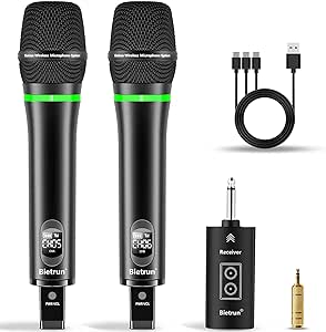 Bietrun Microphone Rechargeable sans Fil, UHF Double Micro Karaoké à Transmission de 50M avec Port 6,35 et 3,5mm, Récepteur Rechargeable pour Les Haut-parleurs, Tables de mixage, amplificateurs, etc